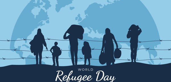 World Refugee Day.Horizontal banner with silhouettes of refugees.Vector illustration.